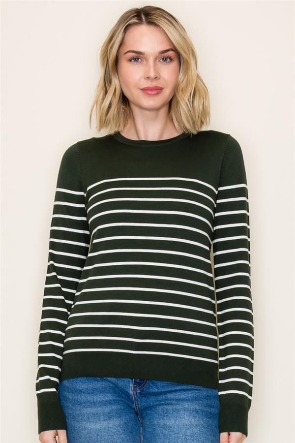 Crew Neck Long Sleeve Striped Sweater Forest