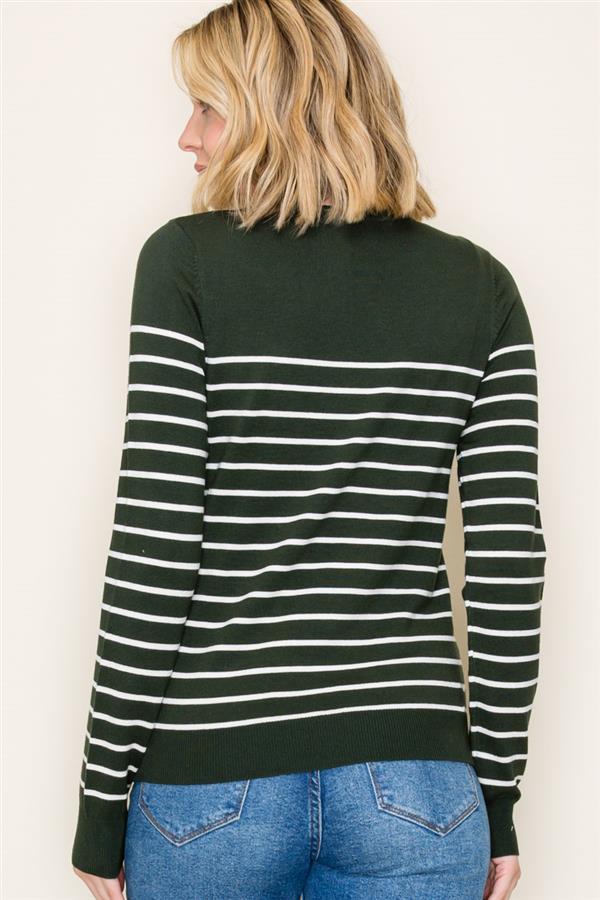 Crew Neck Long Sleeve Striped Sweater Forest