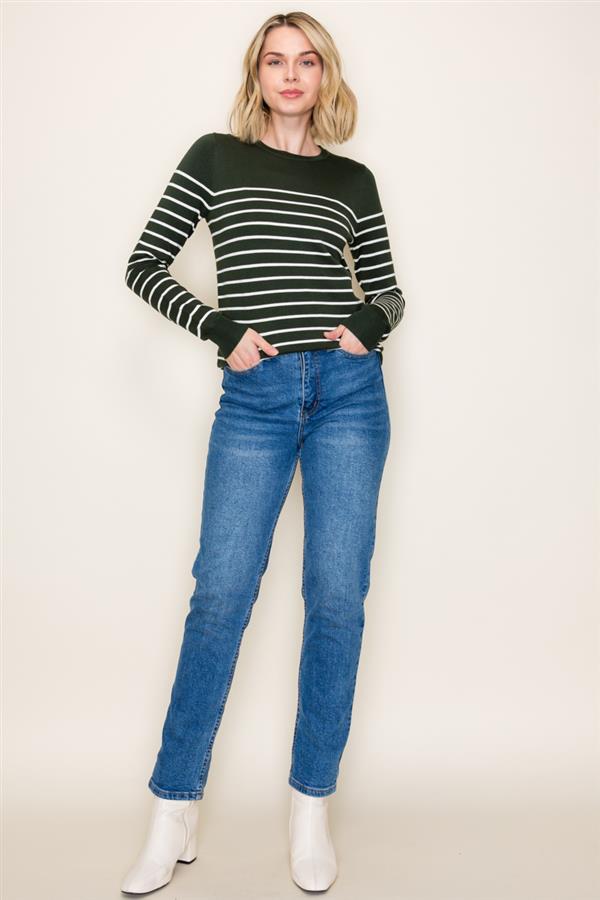 Crew Neck Long Sleeve Striped Sweater Forest