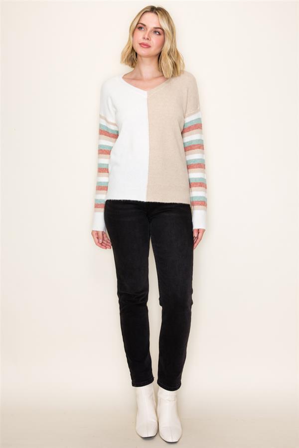 Sale Multi Color Striped Sleeve Color Blocked Sweater