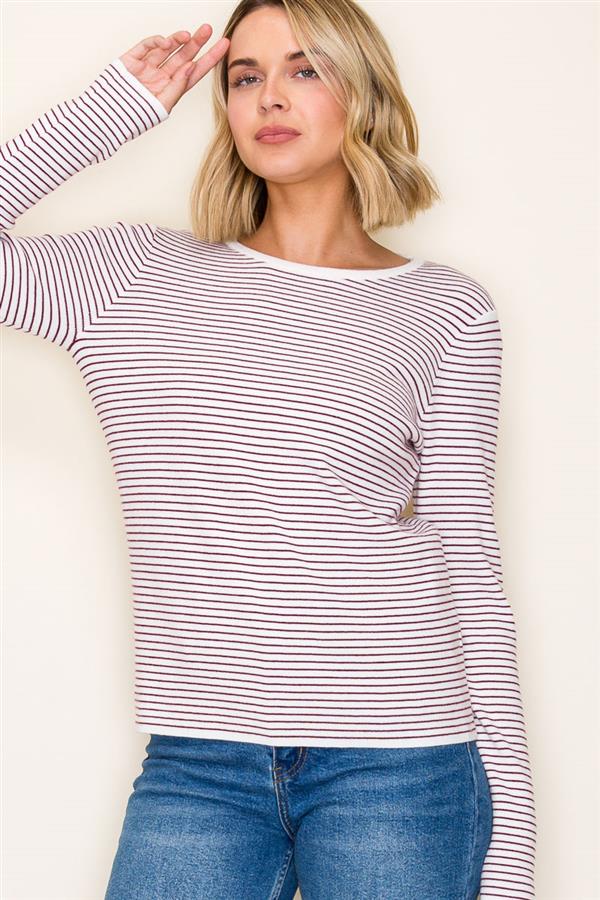 Sale Crew Neck Long Sleeve Pinstriped Sweater