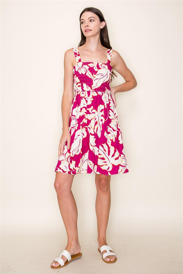 Final Sale Sleeveless Tropical Print Smocked Dress