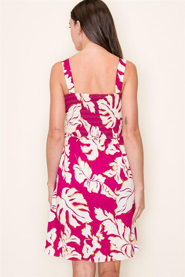 Final Sale Sleeveless Tropical Print Smocked Dress