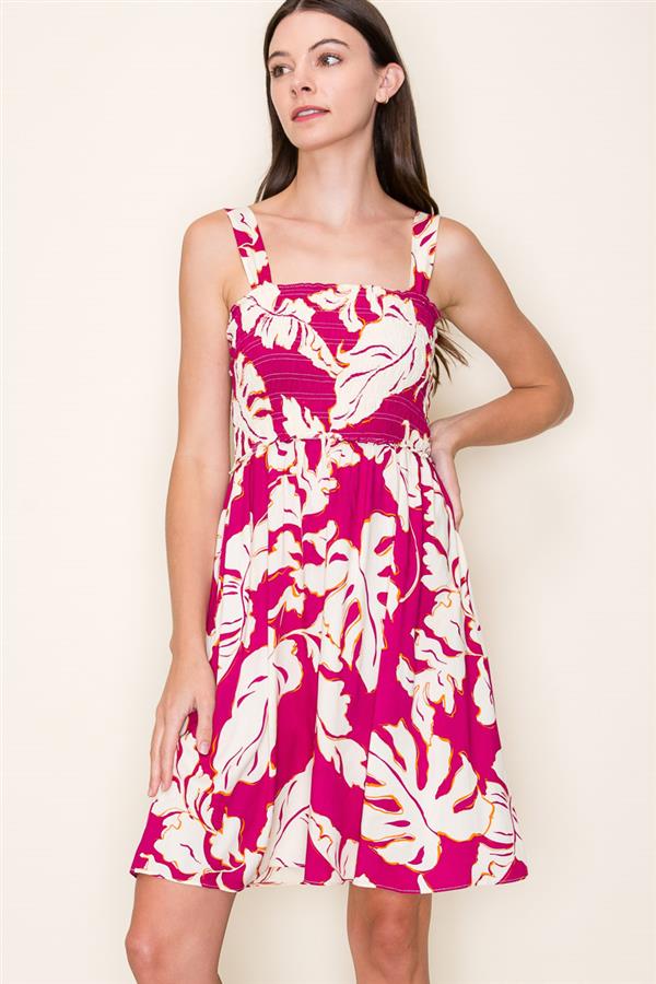 Final Sale Sleeveless Tropical Print Smocked Dress