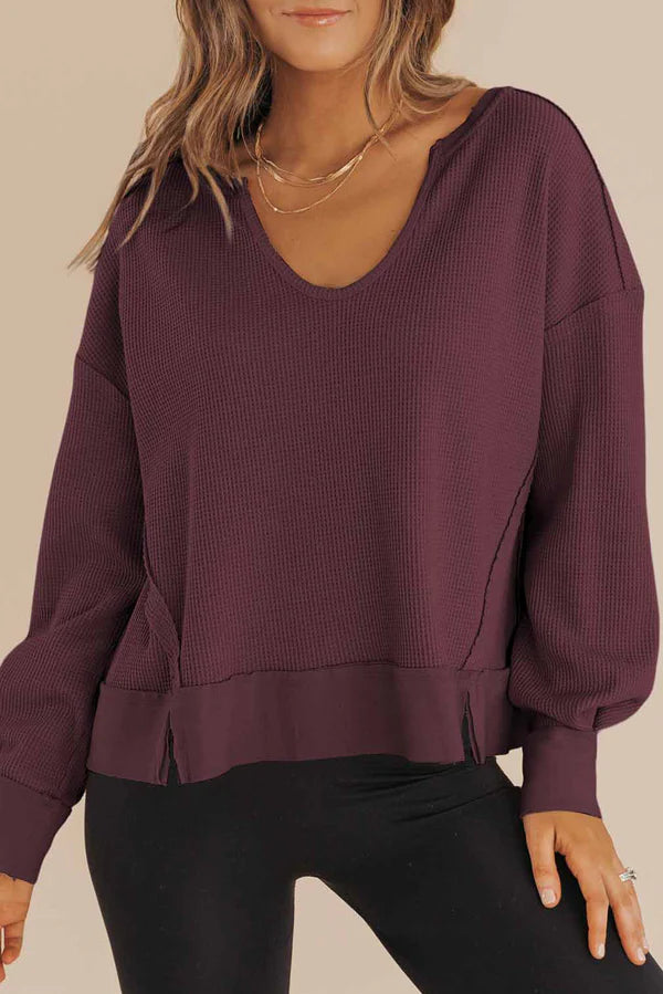 Waffle Knit Long Sleeve Top Burgundy