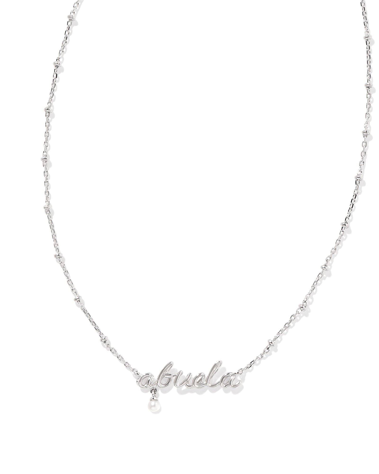 Abuela Script Pendant Necklace Silver w/White Pearl