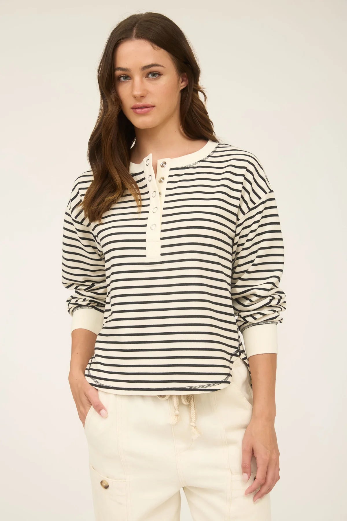Stripe Henley Snap Button Long Sleeve Top Black