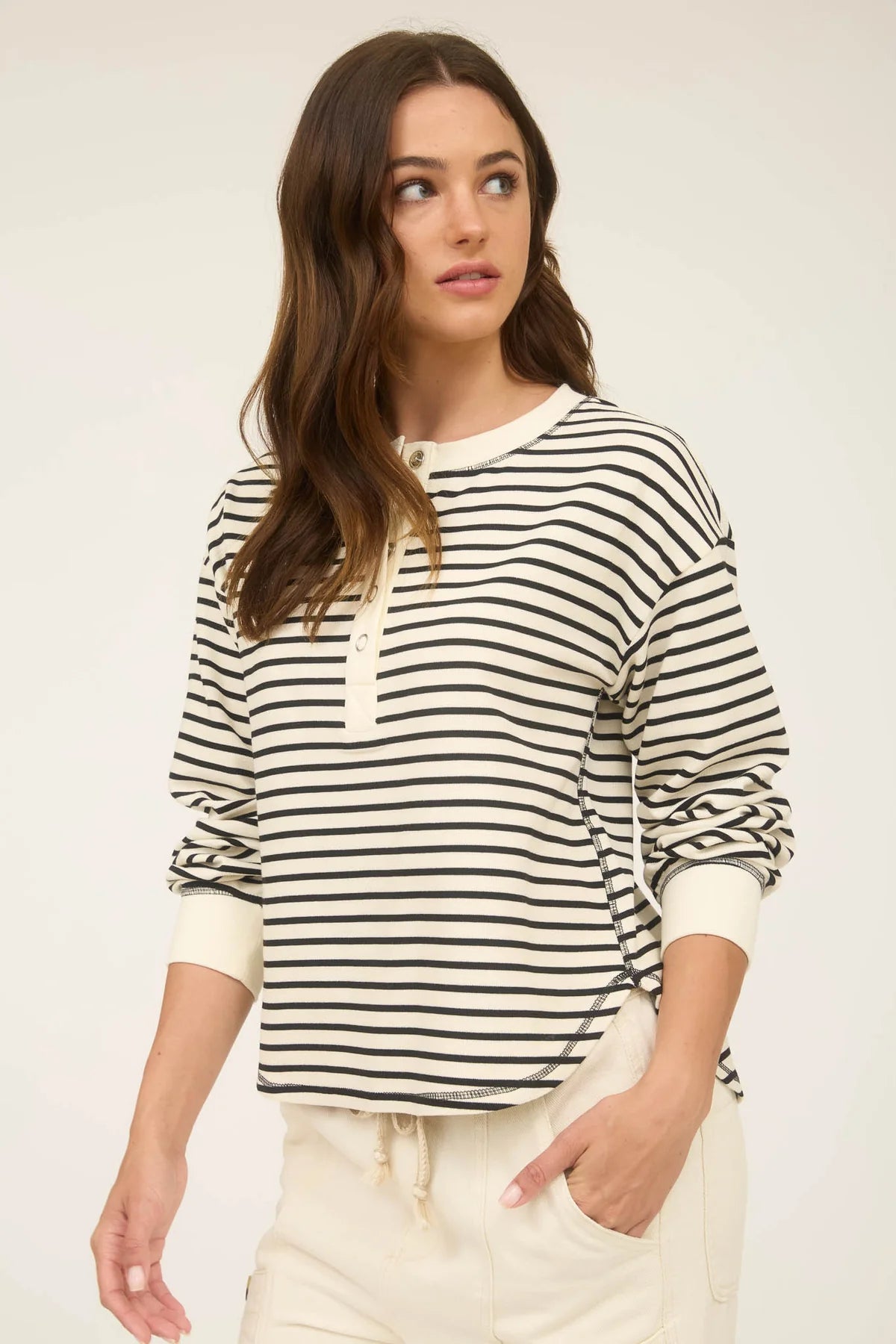 Stripe Henley Snap Button Long Sleeve Top Black