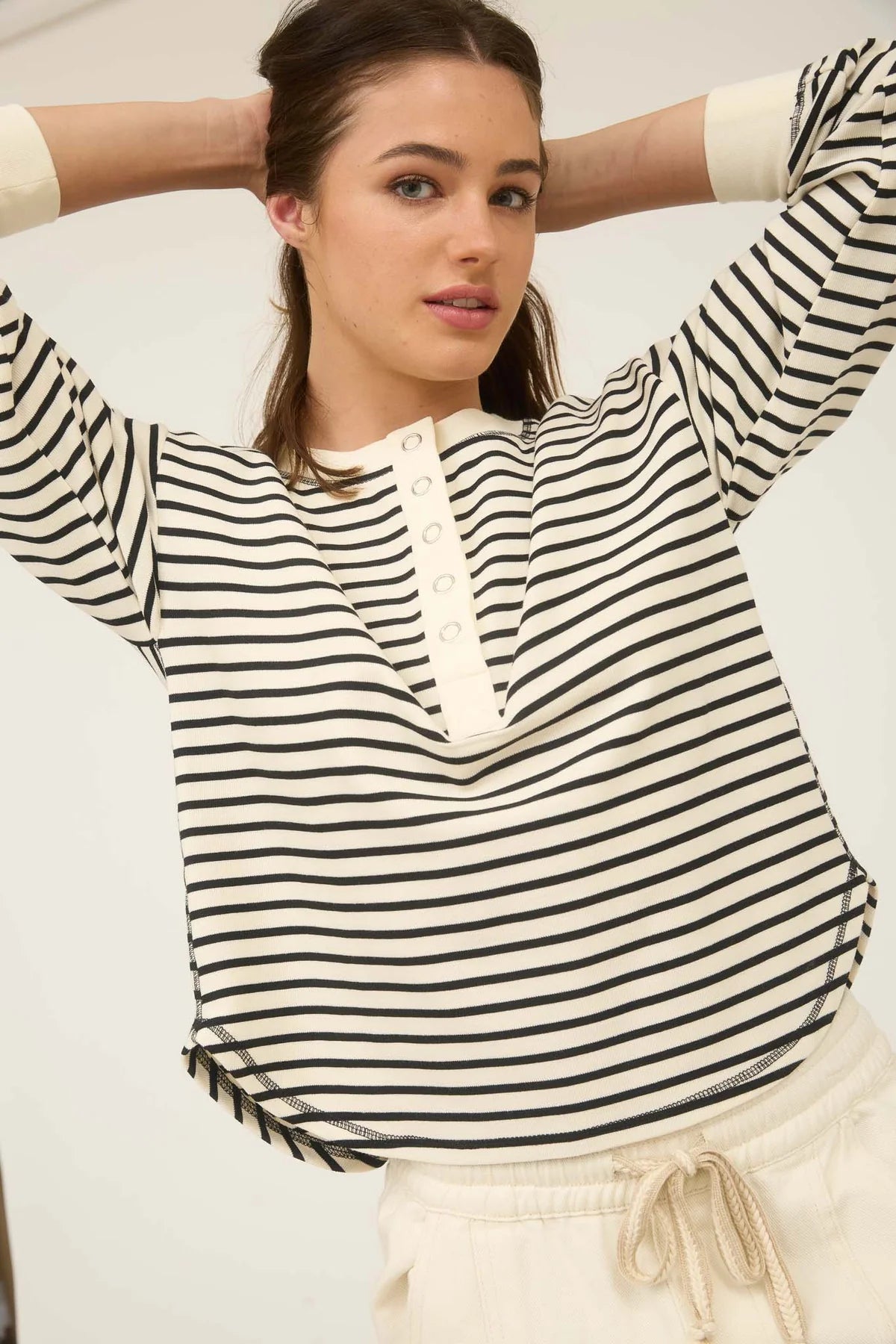 Stripe Henley Snap Button Long Sleeve Top Black
