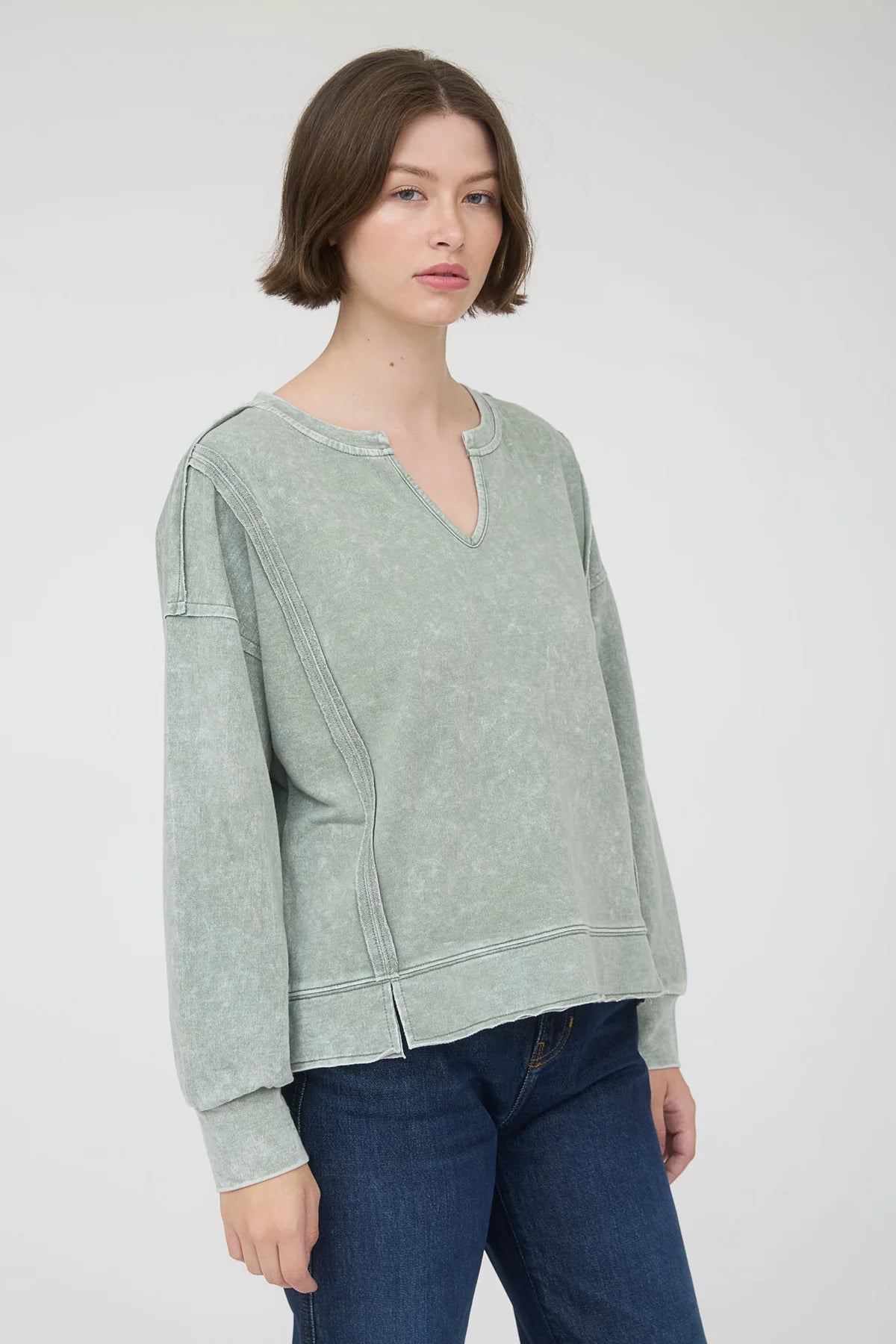 Washed Exposed Seam Long Sleeve Top Moss