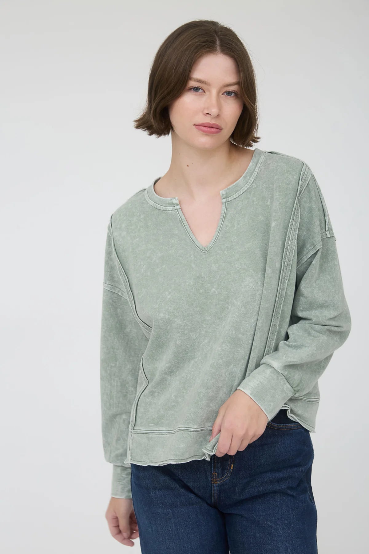 Washed Exposed Seam Long Sleeve Top Moss