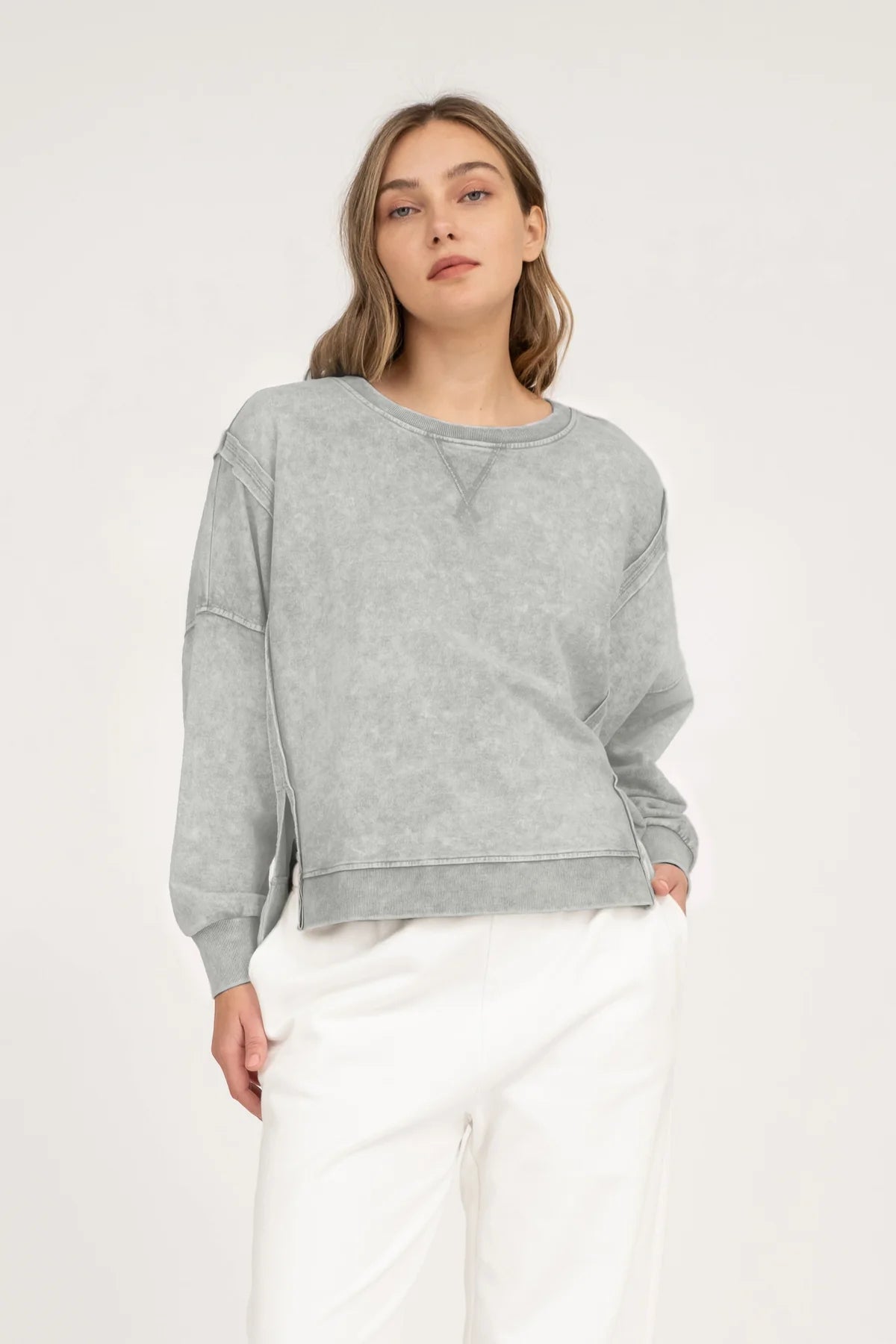 Sale Washed Extended Shoulder Long Sleeve Top