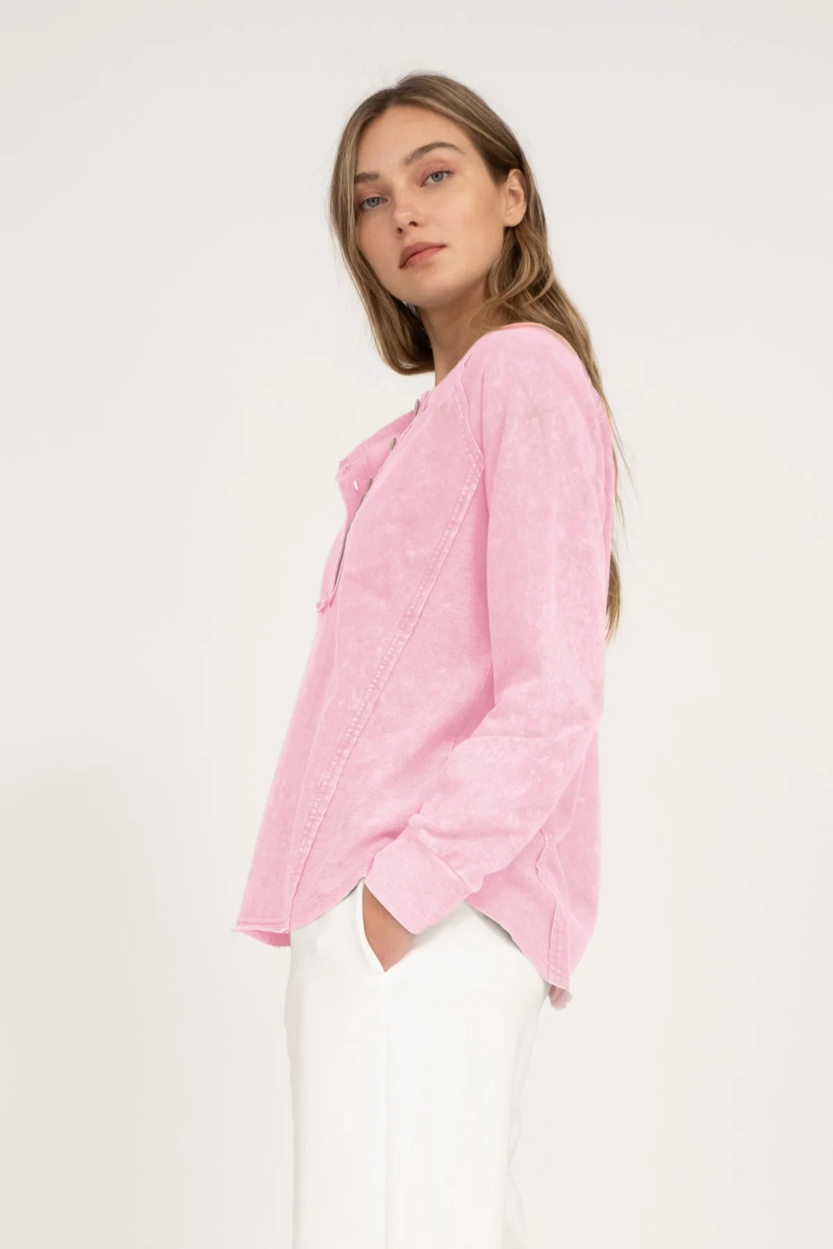 Sale Washed Henley Long Sleeve Top