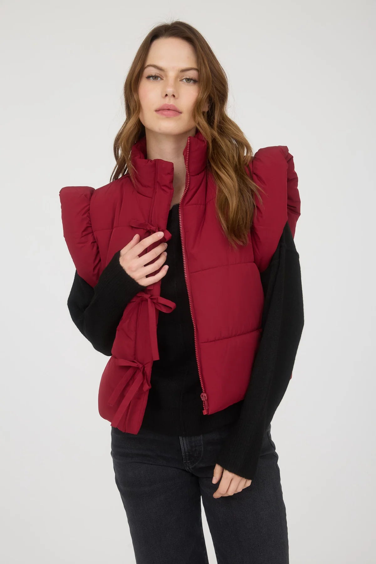 Flutter Sleeve Bow Detail Zip-Up Puffer Vest Burgundy