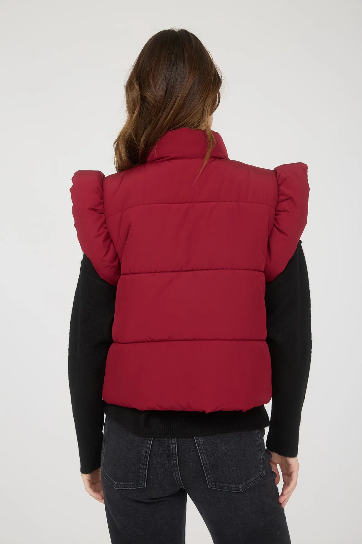 Flutter Sleeve Bow Detail Zip-Up Puffer Vest Burgundy