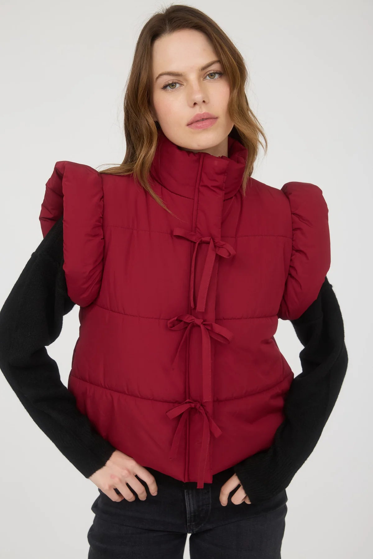 Flutter Sleeve Bow Detail Zip-Up Puffer Vest Burgundy