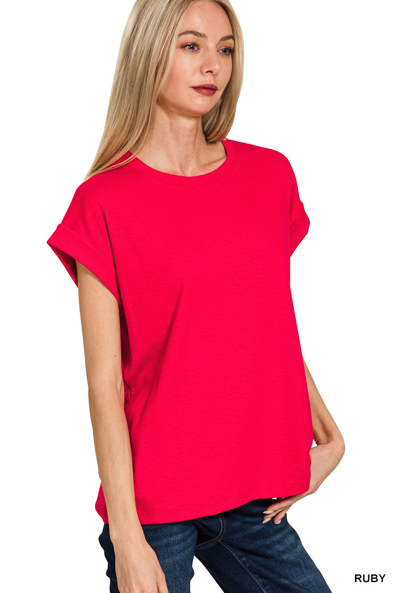 Modal Slub Rolled Short Sleeve Top Ruby