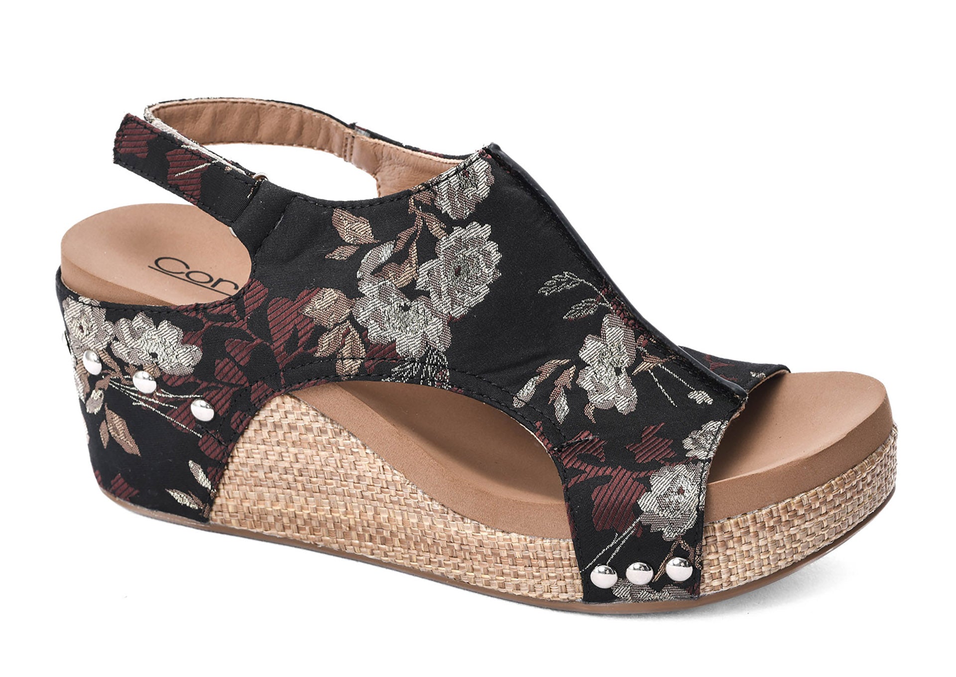 Carley Wedge Sandal Black Tan Floral