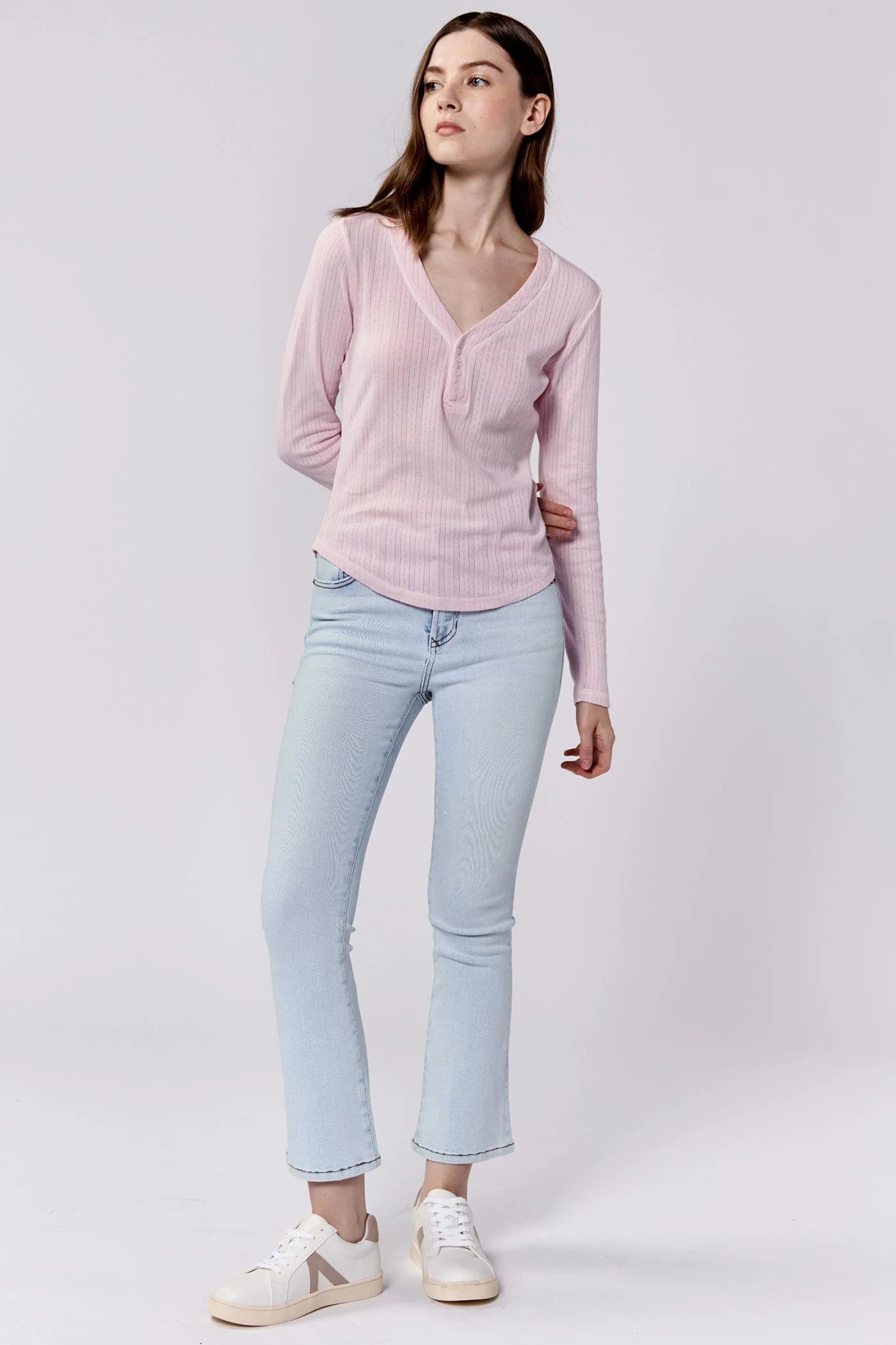 Final Sale Cortado Long Sleeve Fitted Henley Top Pink A Boo