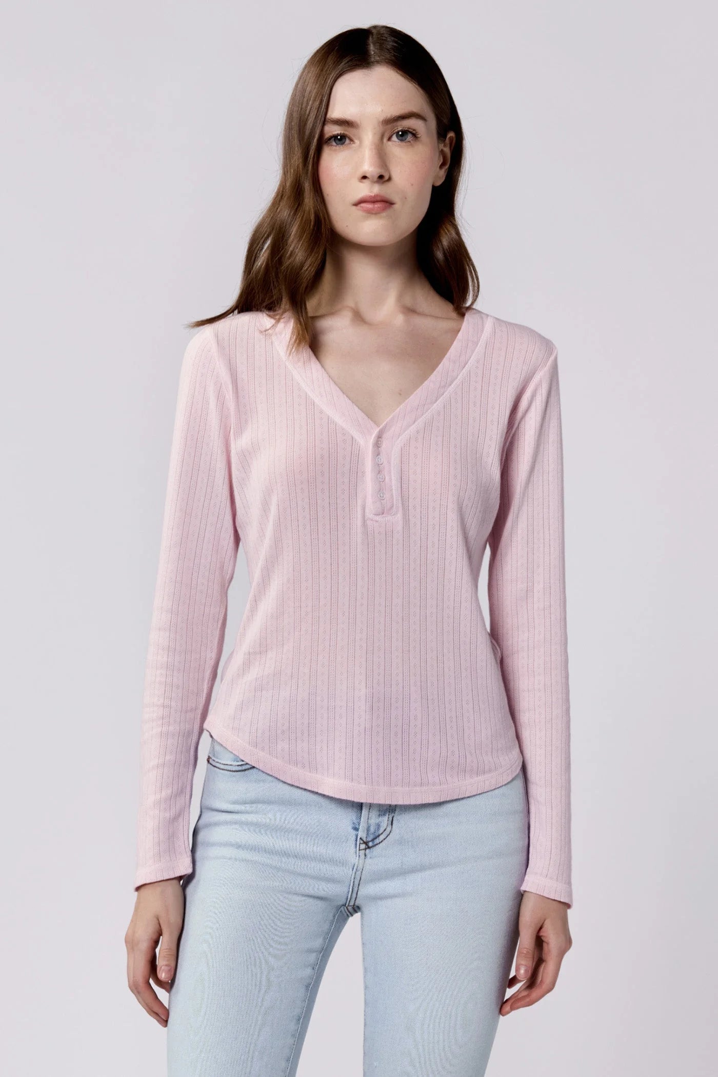 Final Sale Cortado Long Sleeve Fitted Henley Top Pink A Boo