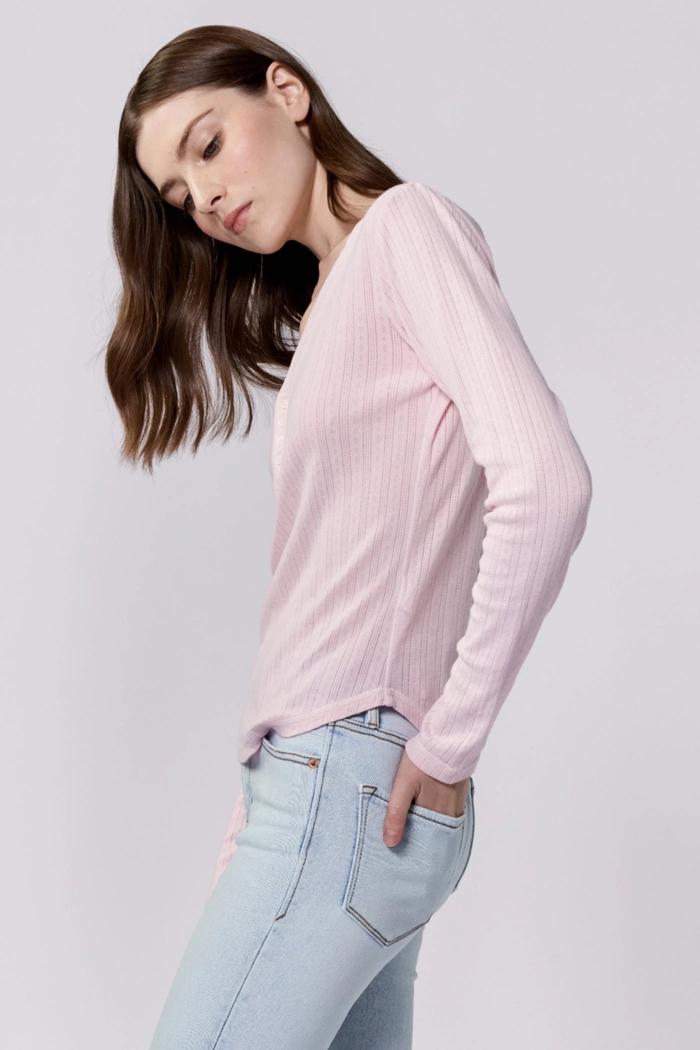Final Sale Cortado Long Sleeve Fitted Henley Top Pink A Boo