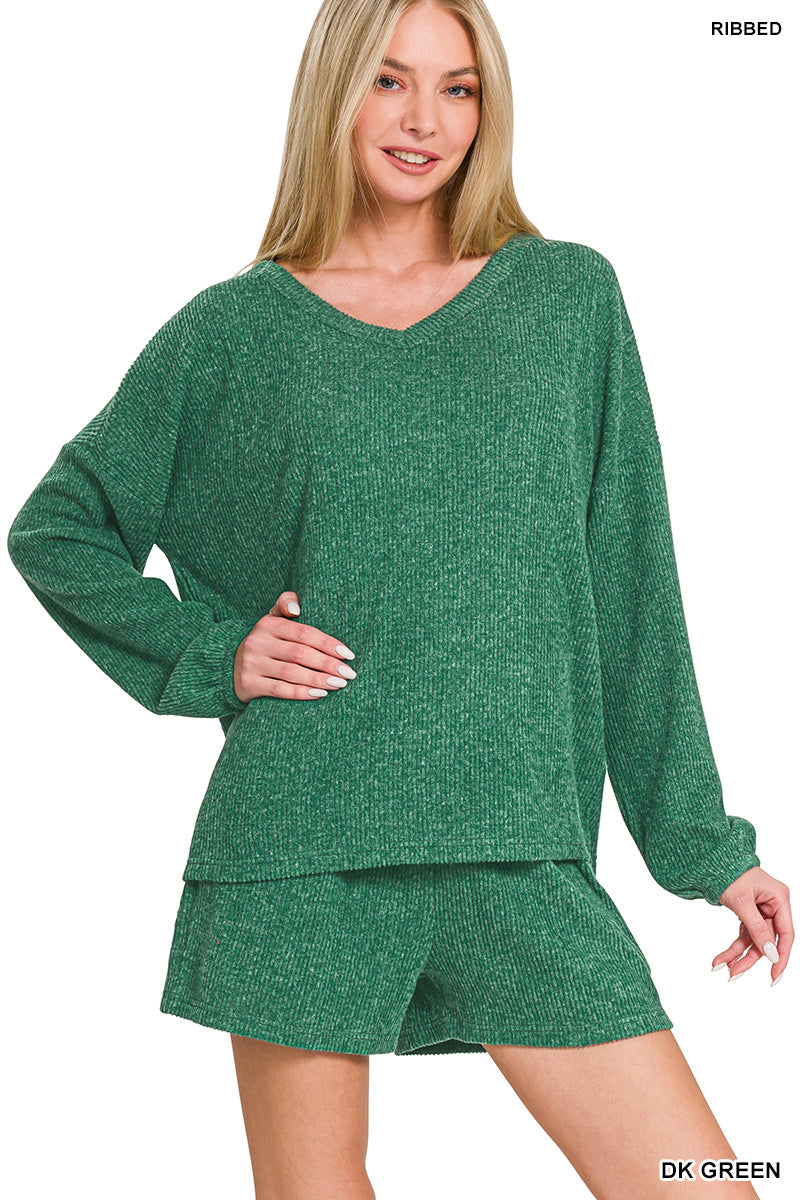 Sale Brushed Ribbed Hacci V-Neck Long Sleeve Top and Shorts Set Dark Green