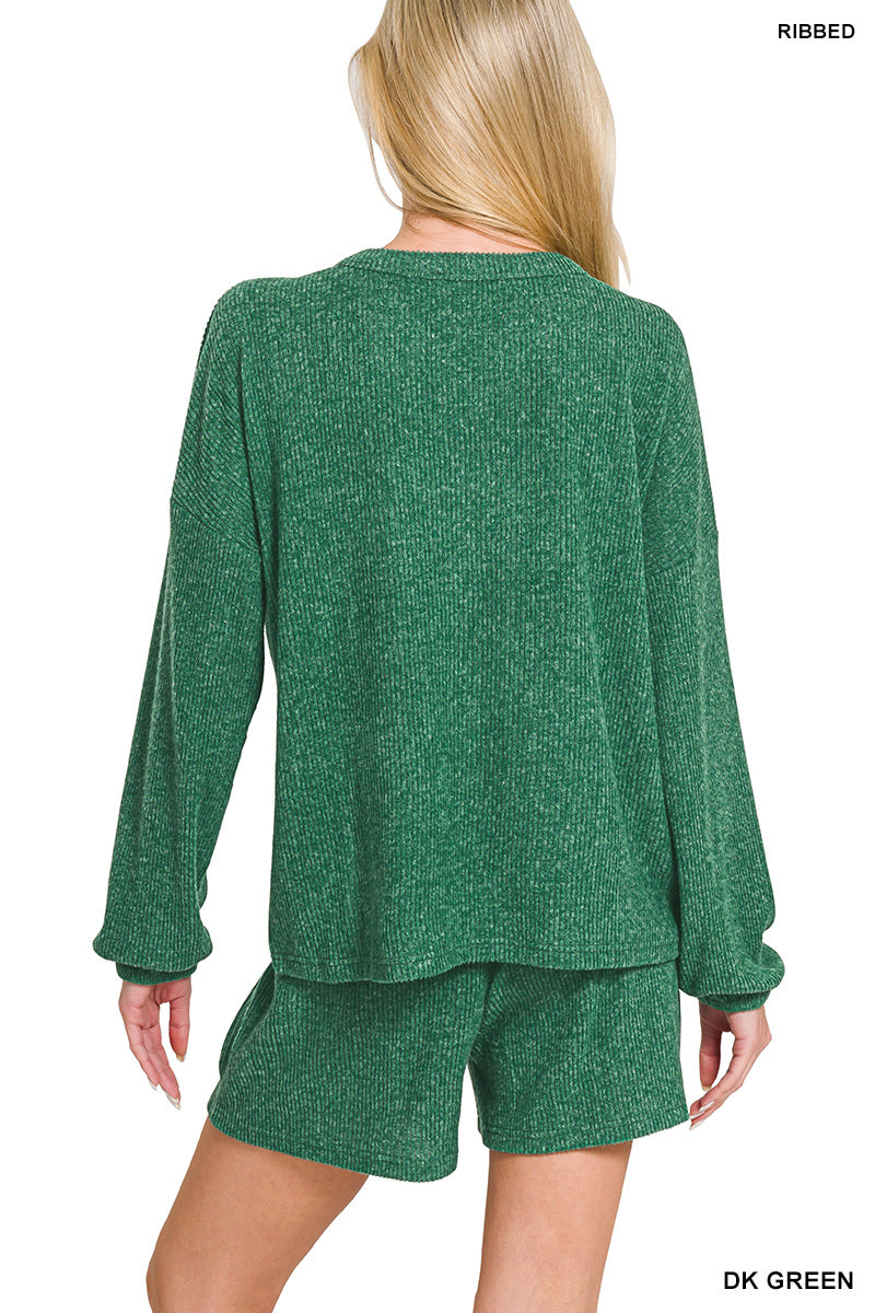 Sale Brushed Ribbed Hacci V-Neck Long Sleeve Top and Shorts Set Dark Green