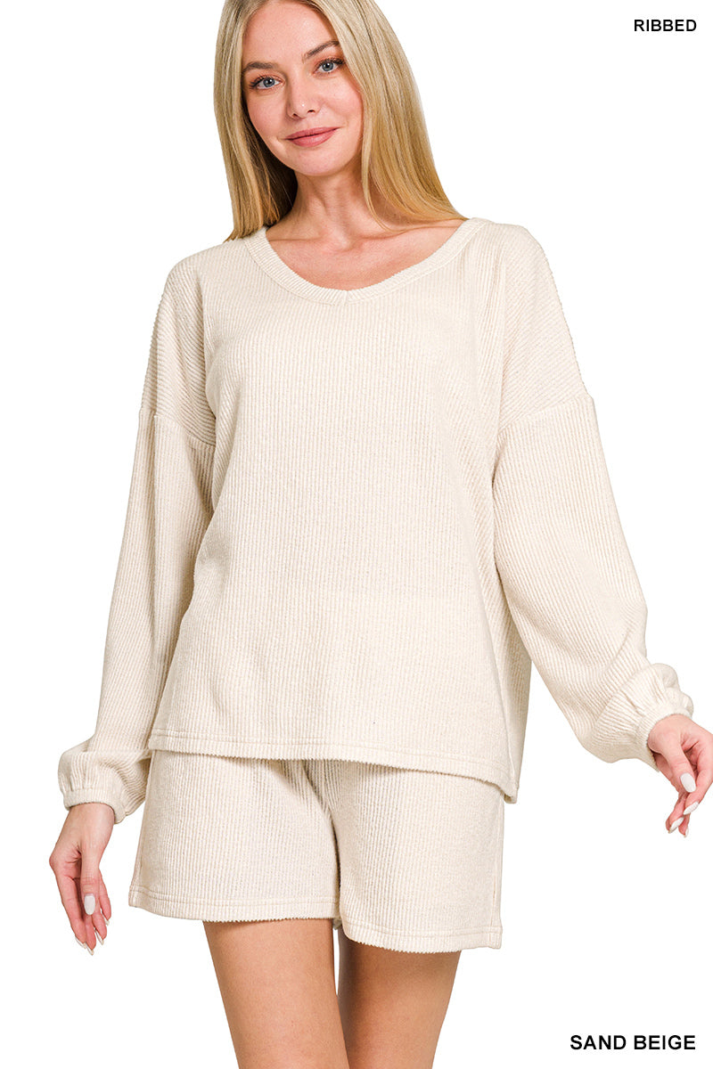 Sale Brushed Ribbed Hacci V-Neck Long Sleeve Top and Shorts Set Sand Beige