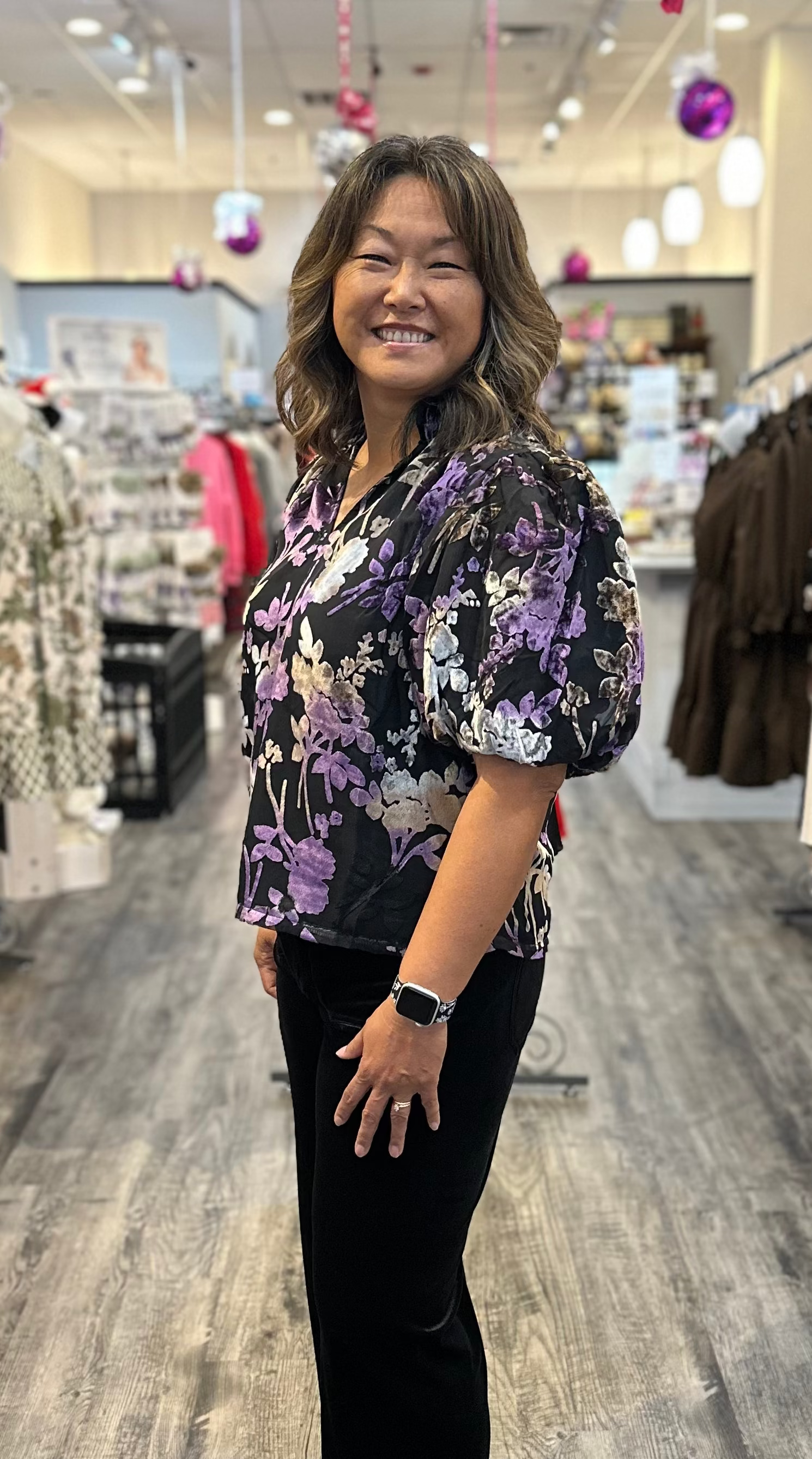 Puff Sleeve V-Neck Velvet Detail Top