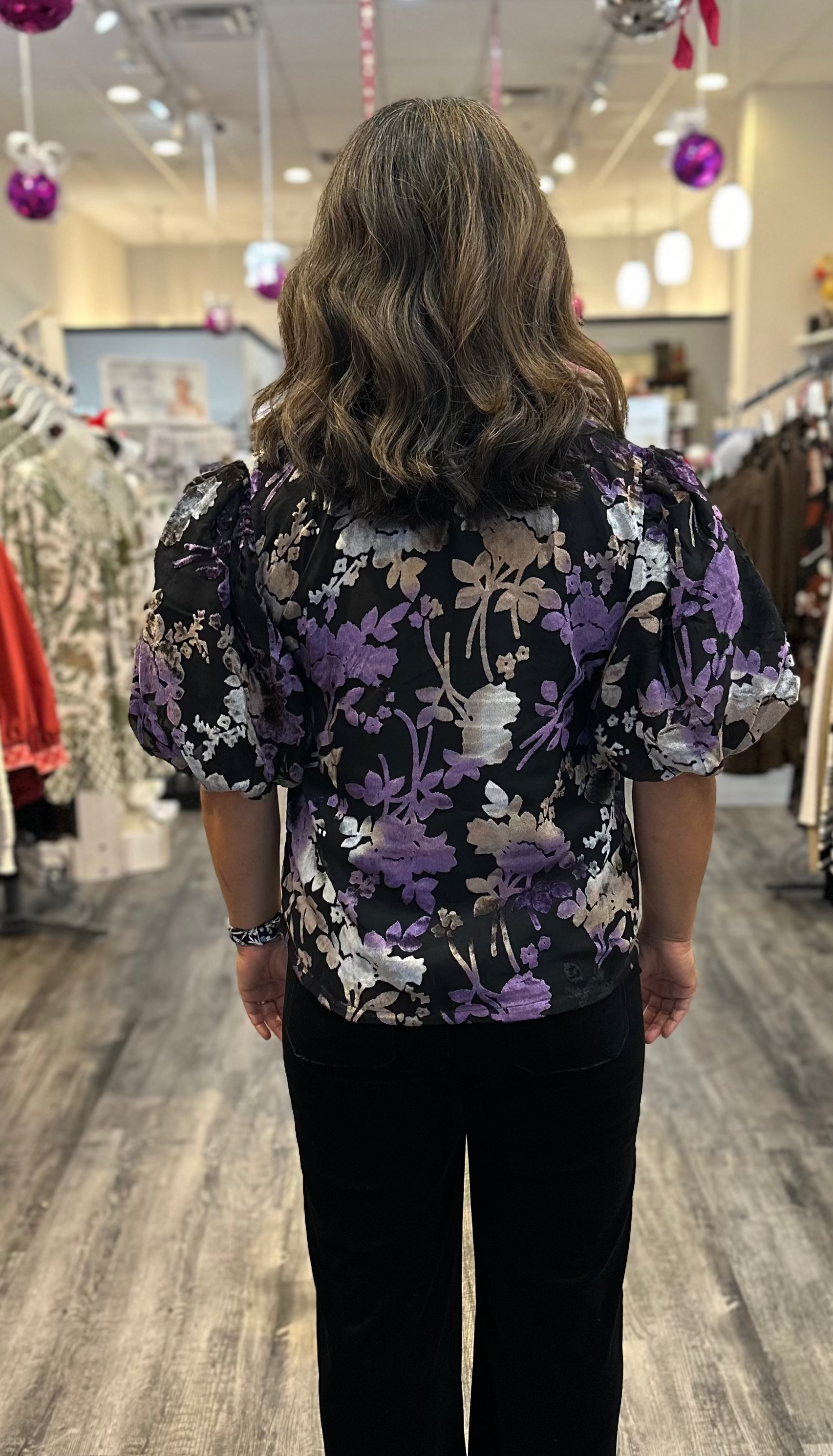 Puff Sleeve V-Neck Velvet Detail Top