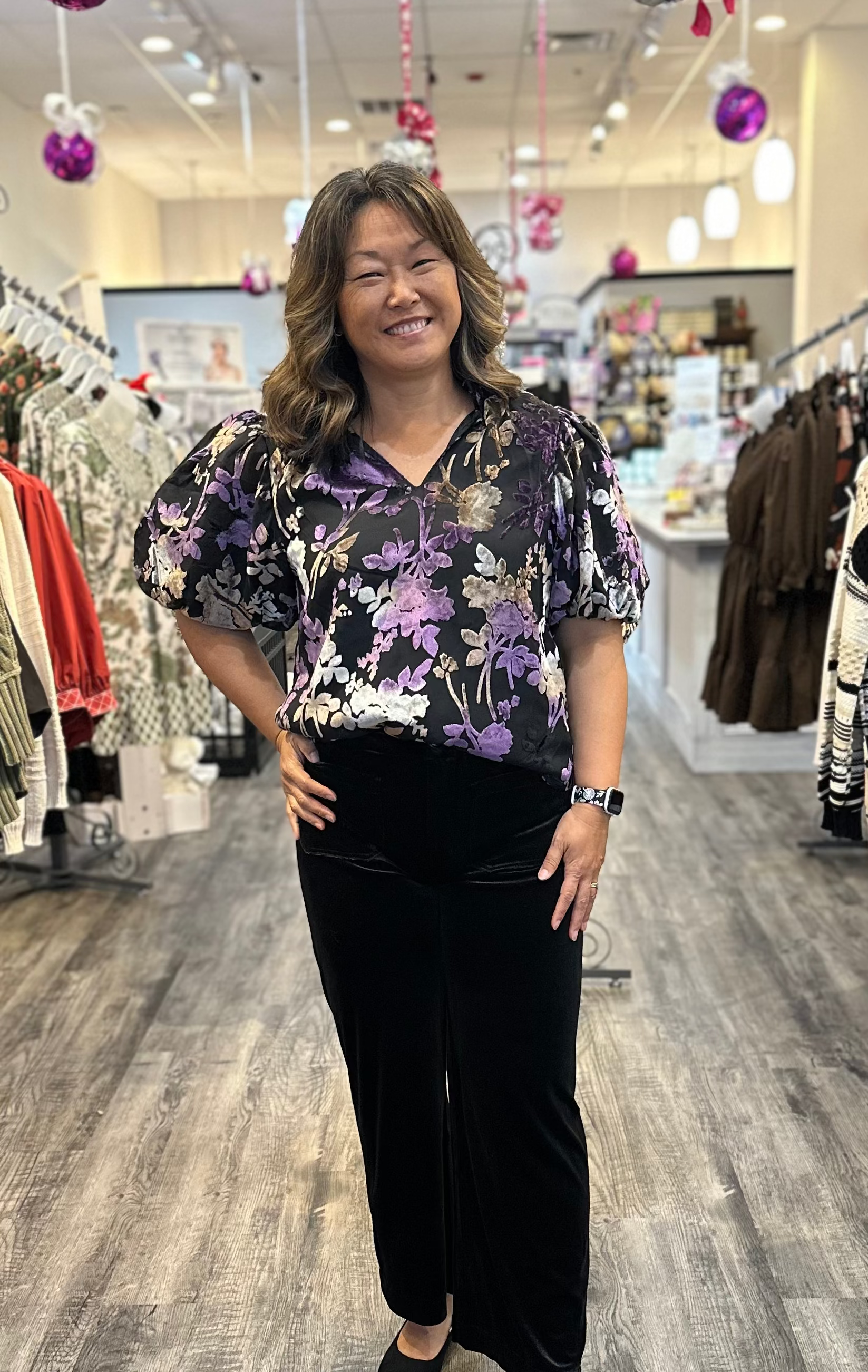 Puff Sleeve V-Neck Velvet Detail Top