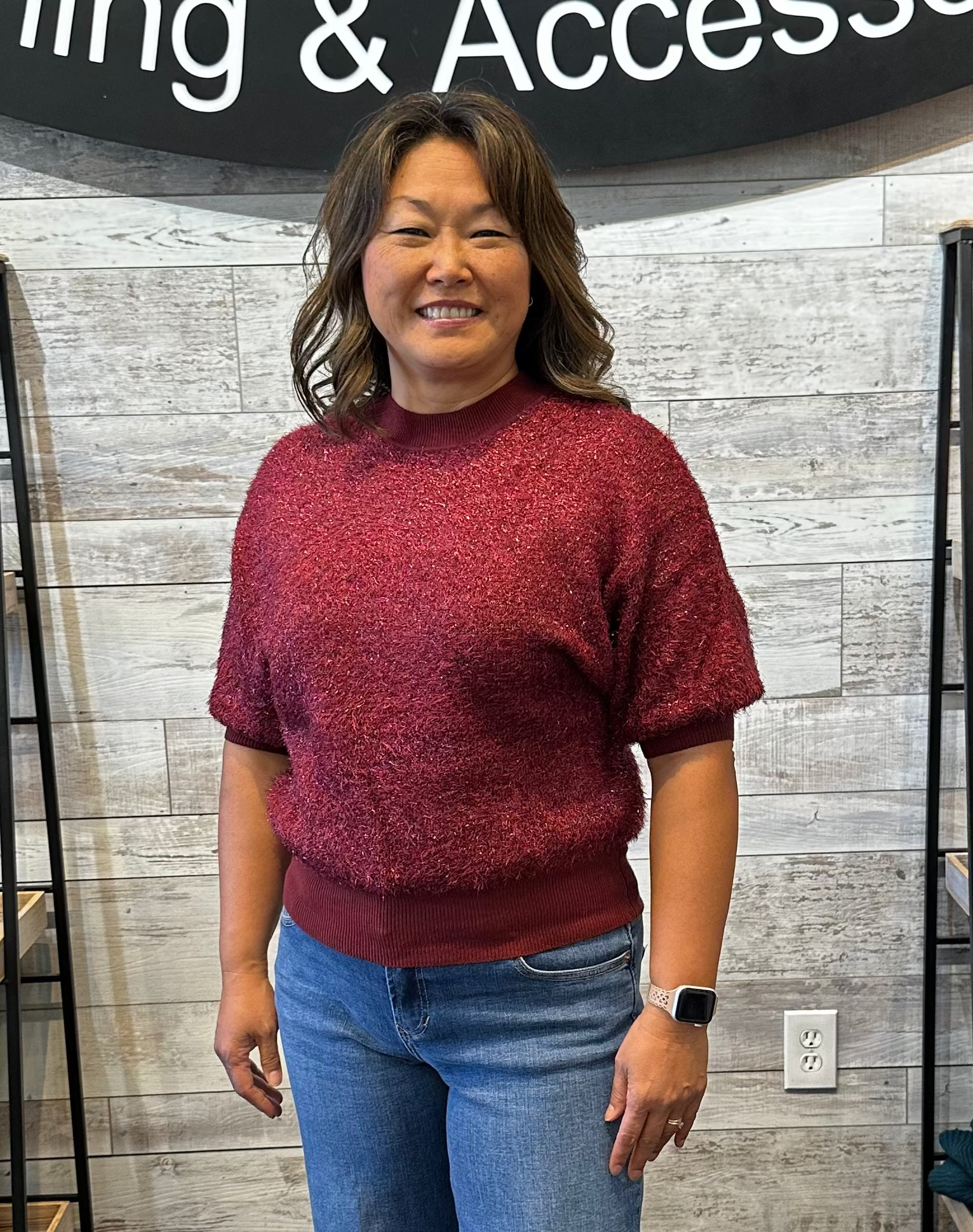 Short sleeve fuzzy sweater dark red