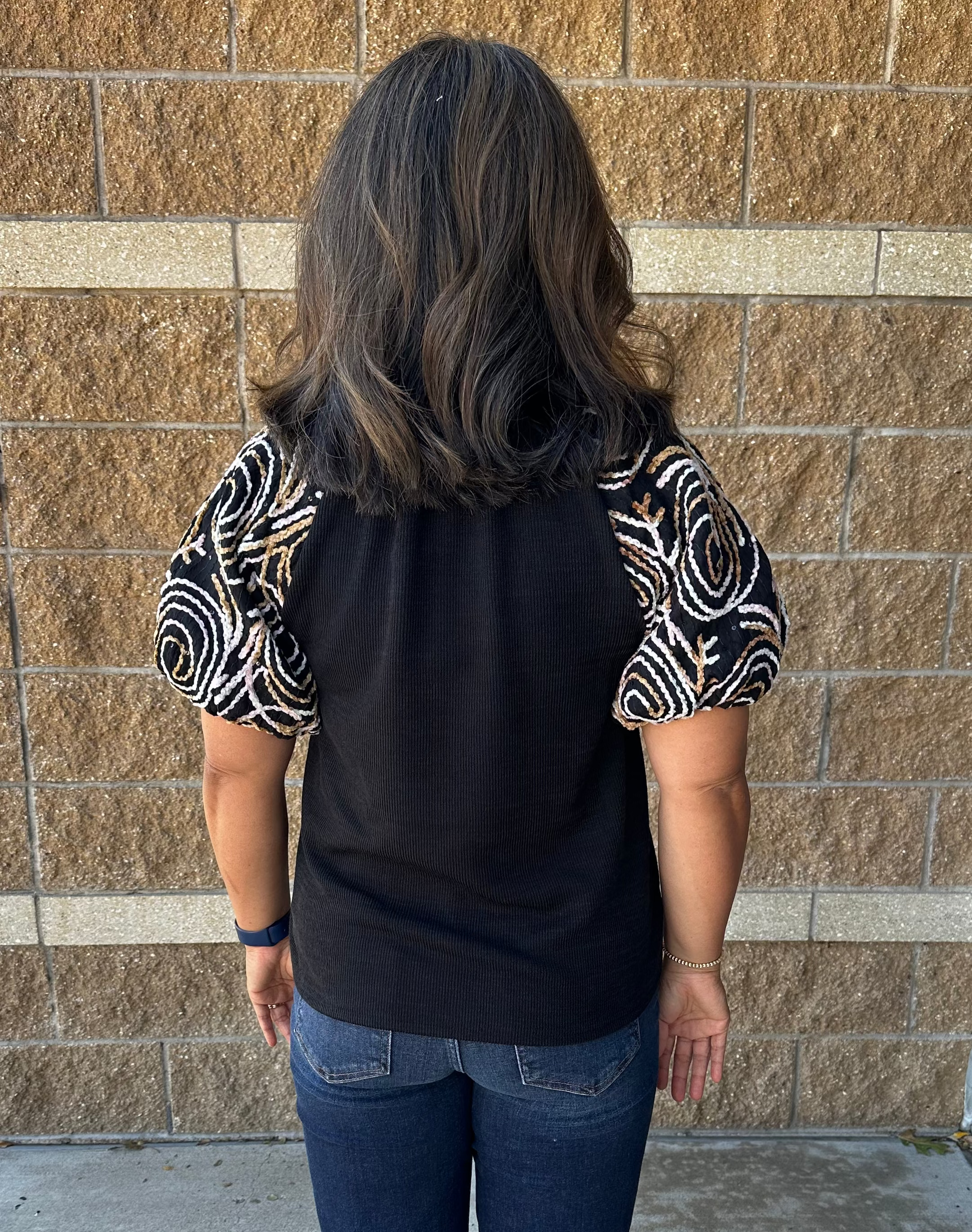 Sale Embroidered Detail Puff Sleeve V-Neck