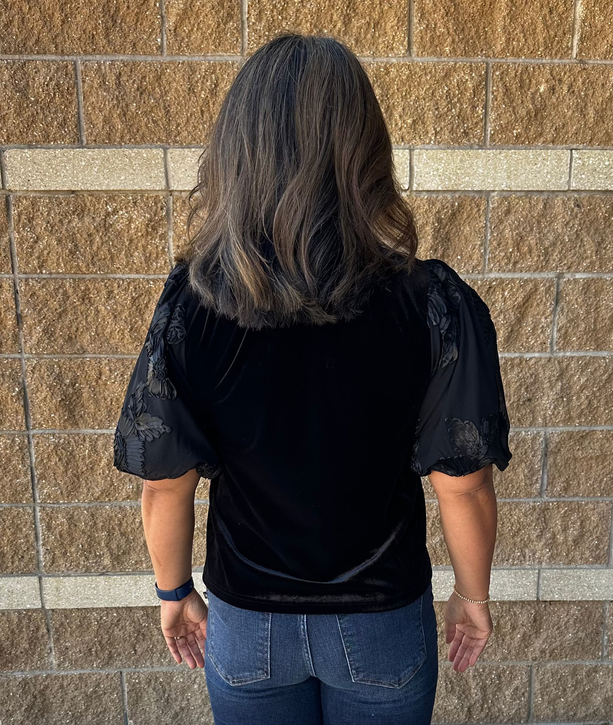 Floral Embroidered Puff Sleeve Velvet Top