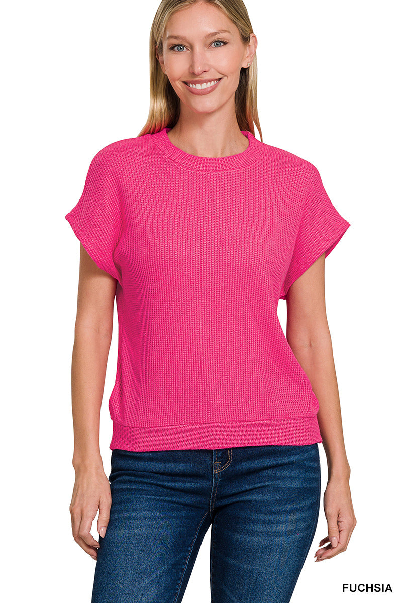 Sale Round Neck Banded Bottom Short Sleeve Sweater Hot Pink