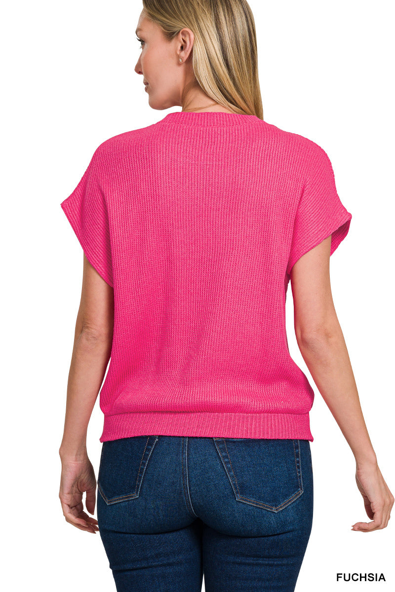 Sale Round Neck Banded Bottom Short Sleeve Sweater Hot Pink