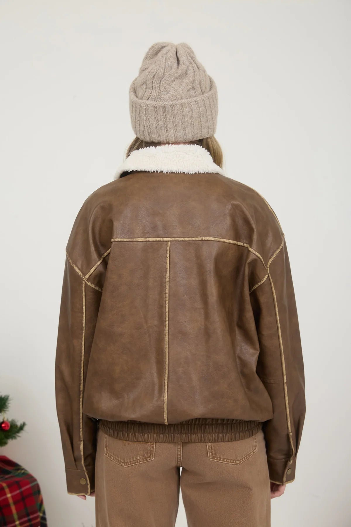 Faux Leather Shearling Collar Jacket