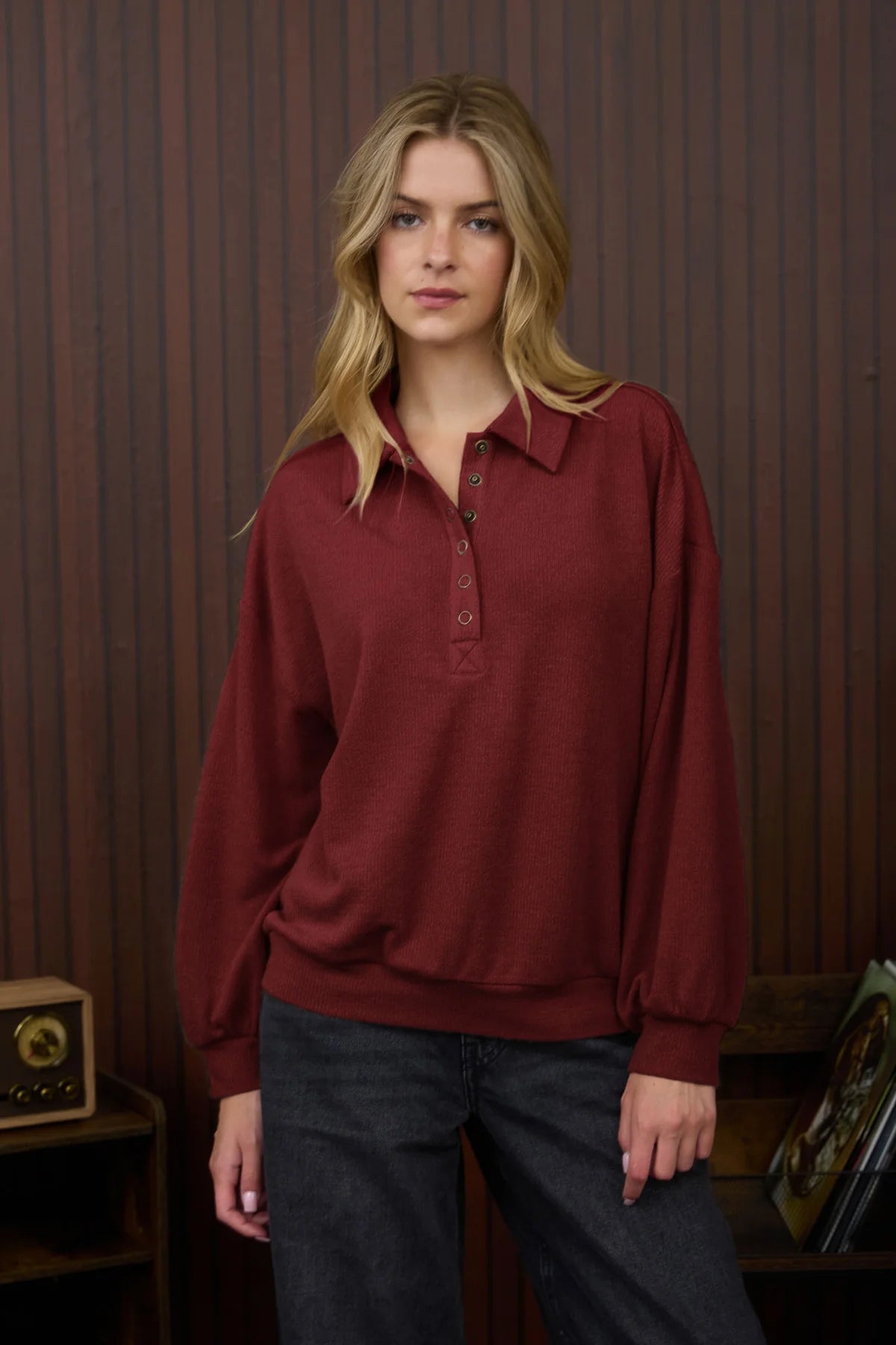Sale Collared Half Snap Button Long Sleeve Knit Top Deep Red