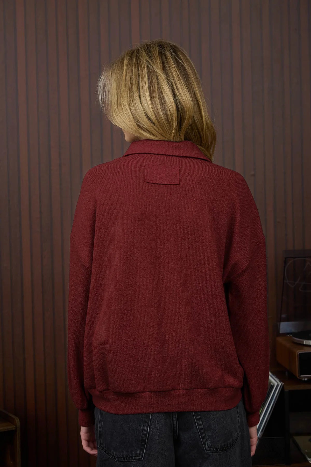 Sale Collared Half Snap Button Long Sleeve Knit Top Deep Red