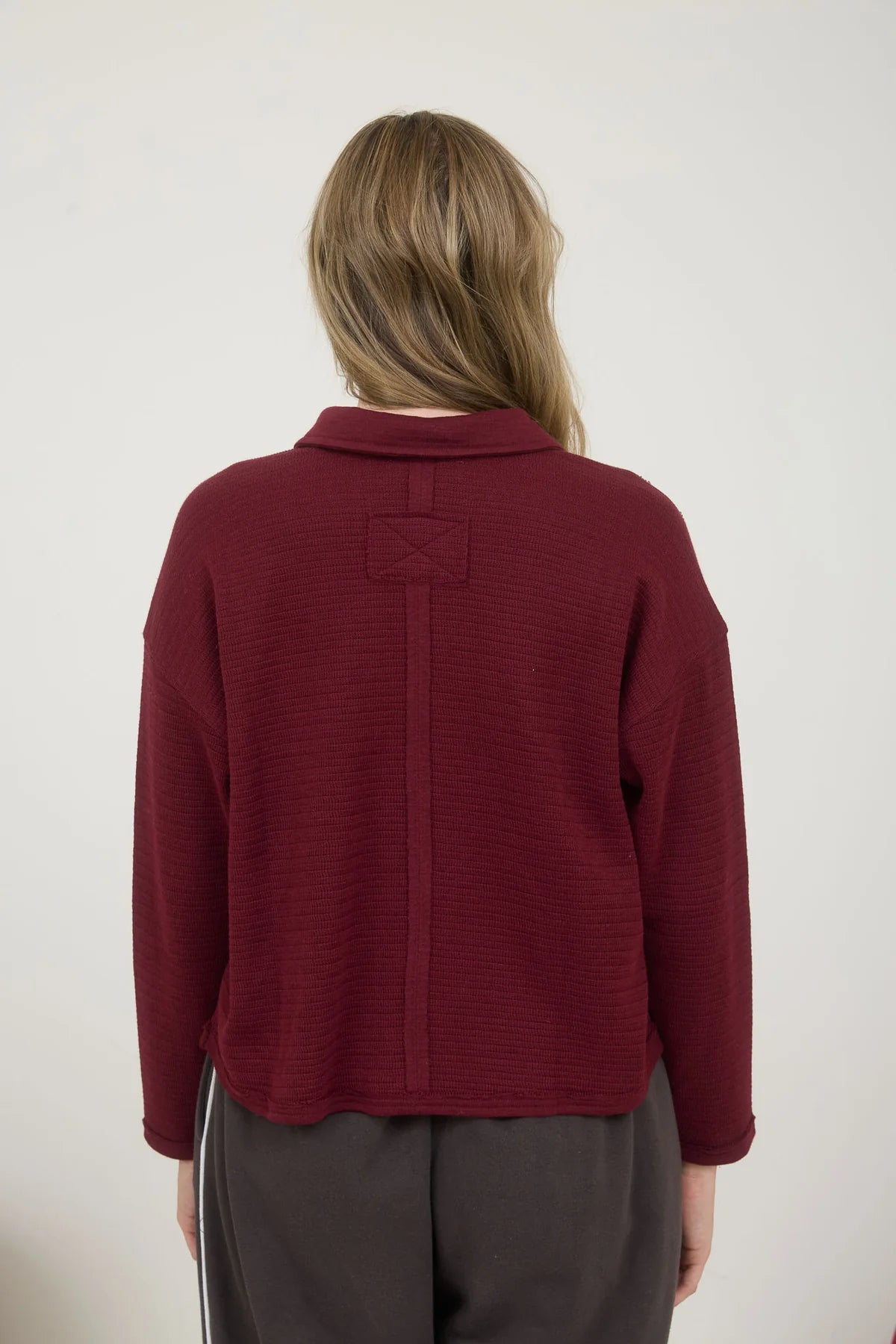 Sale Collared V-Neckline Long Sleeve Top Oxblood