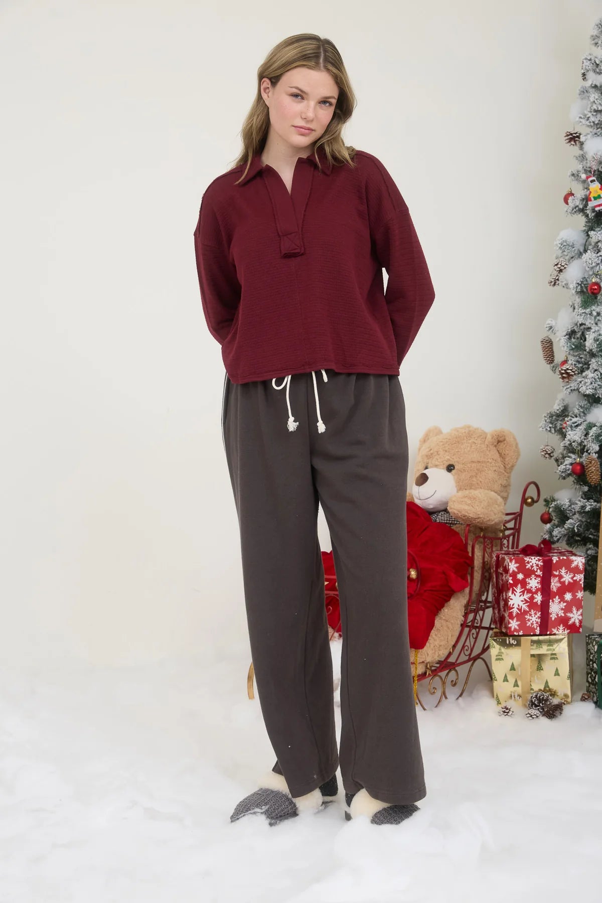 Sale Collared V-Neckline Long Sleeve Top Oxblood