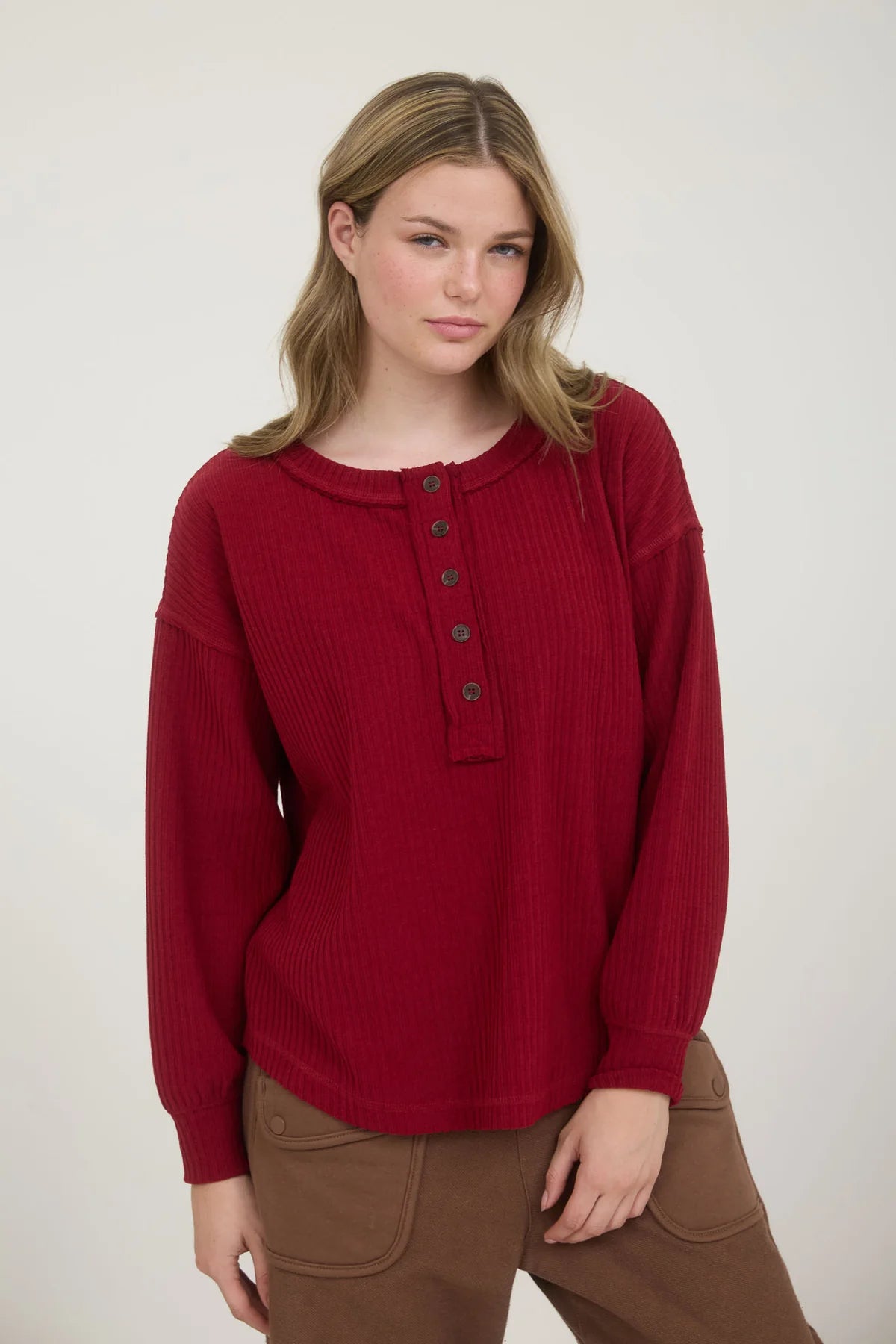 Sale Ribbed Henley Long Sleeve Top Deep Red