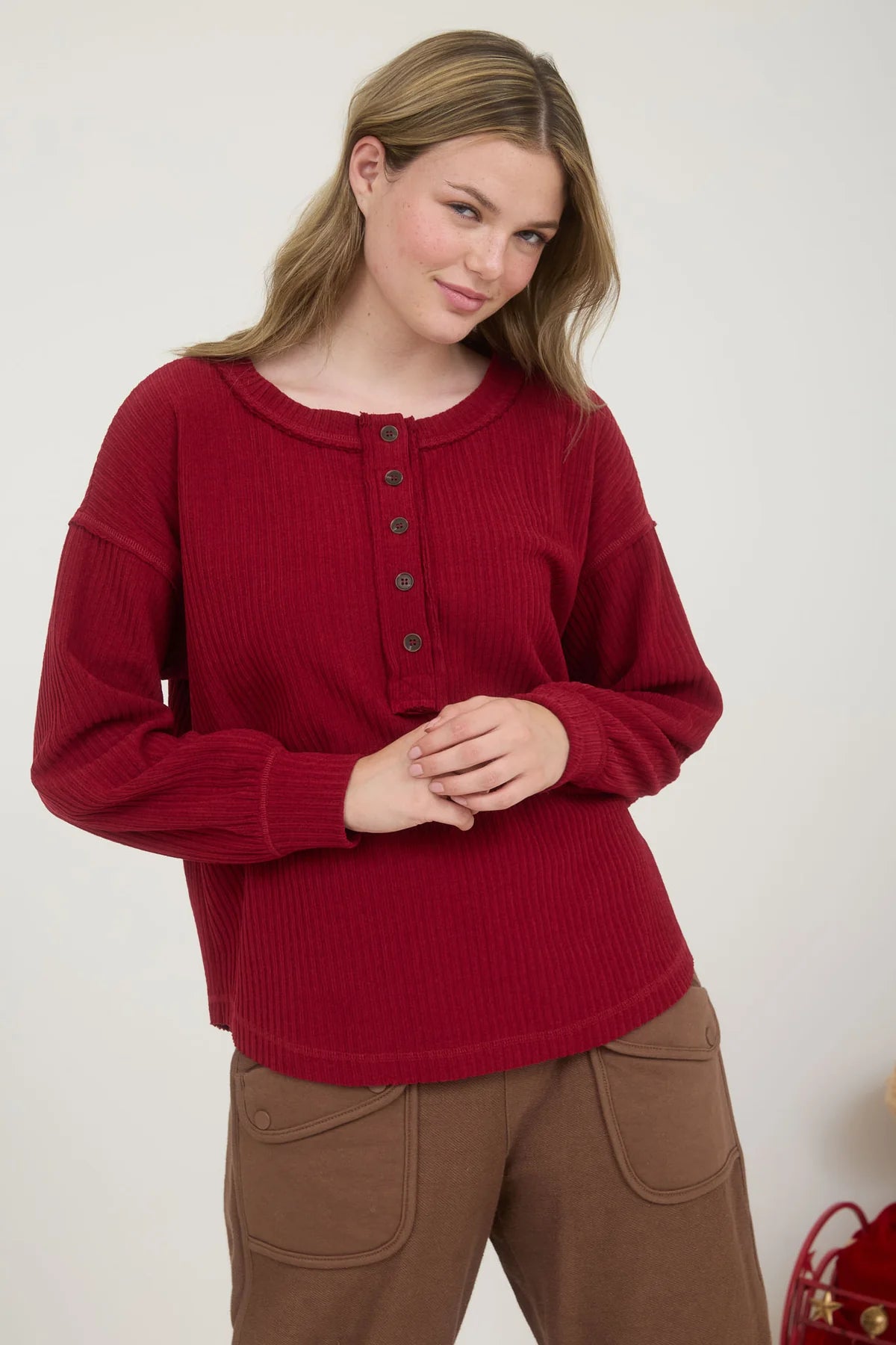 Sale Ribbed Henley Long Sleeve Top Deep Red