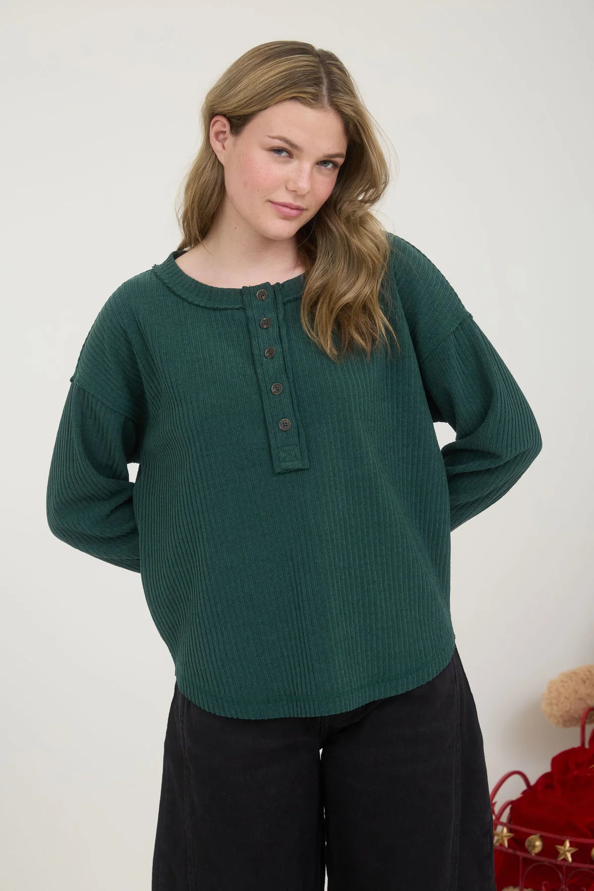 Sale Ribbed Henley Long Sleeve Top Hunter Green
