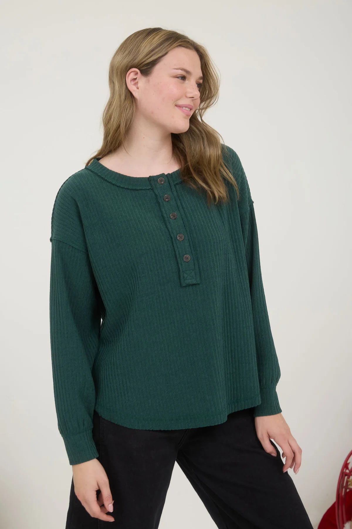 Sale Ribbed Henley Long Sleeve Top Hunter Green