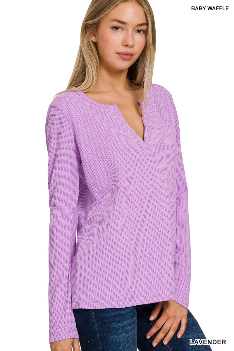 Final Sale Melange Baby Waffle V-Neck Long Sleeve Top Lavender
