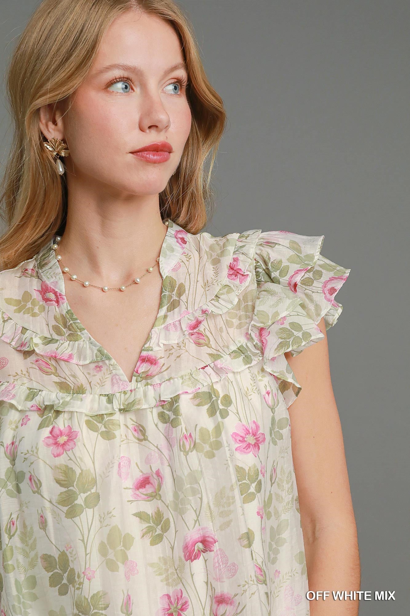 Final Sale Floral Print Ruffle Sleeve Neck Dress