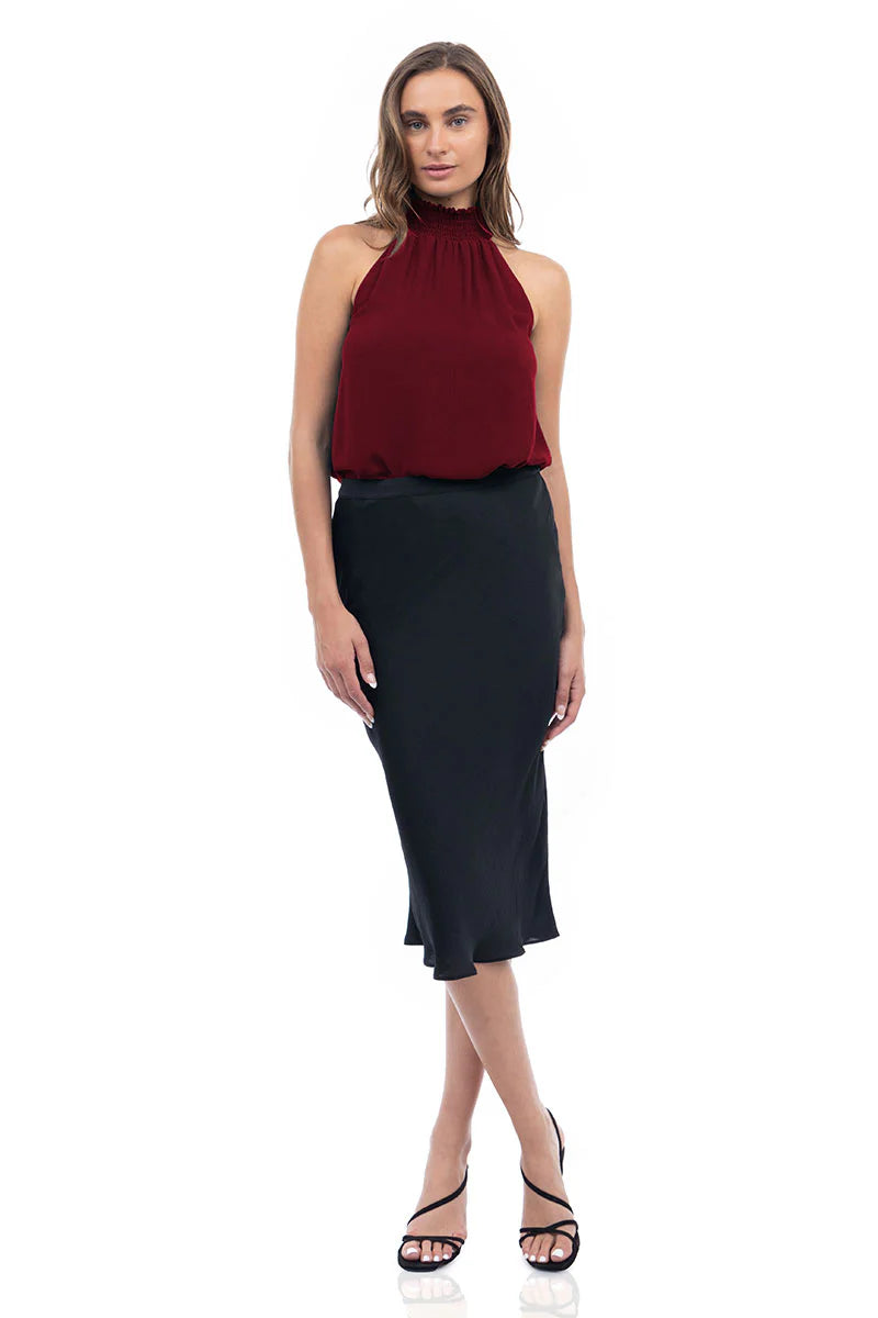 Sale Halter Mock Neck Smocked Rounded Hem Top Mahogany