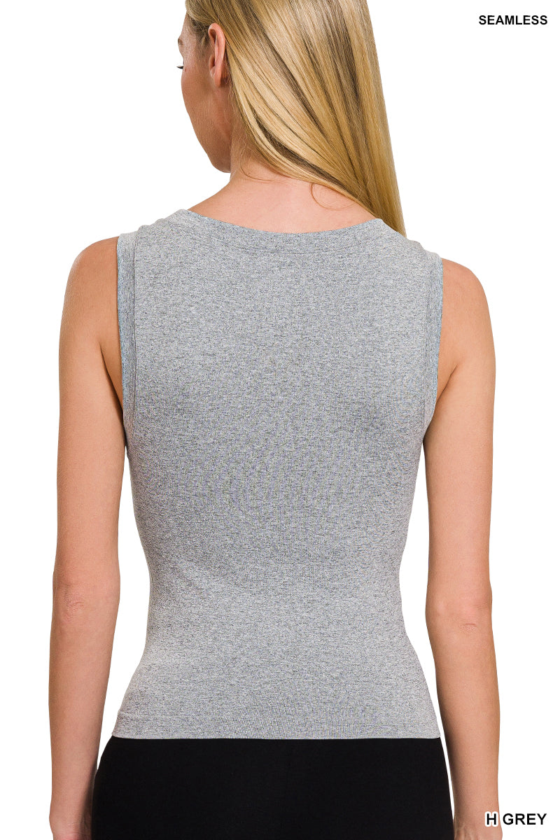 Cropped Seamless Round Neck Tank - Black