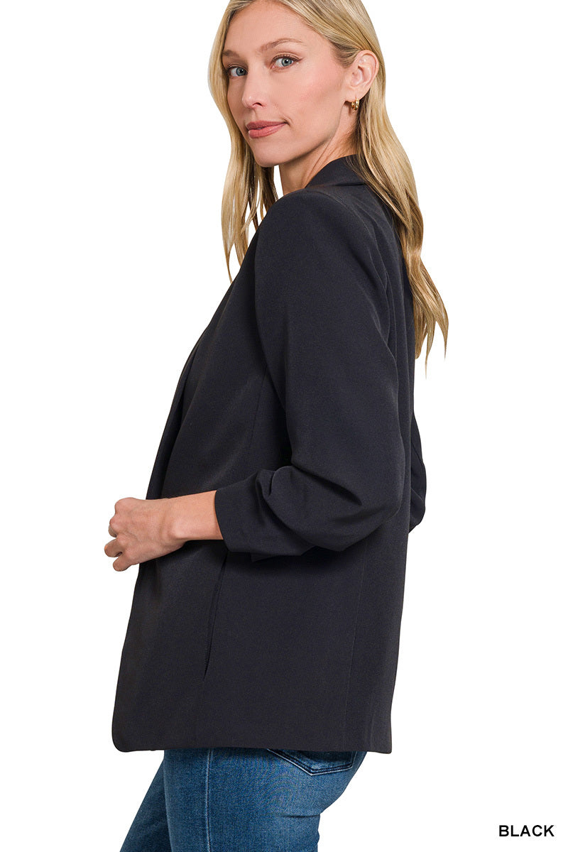 3/4 Ruched Sleeve Open Front Blazer Black